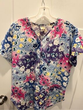 Sunshine Alley Scrub Top Womens Large Floral V Neck Medical Nurse Uniform